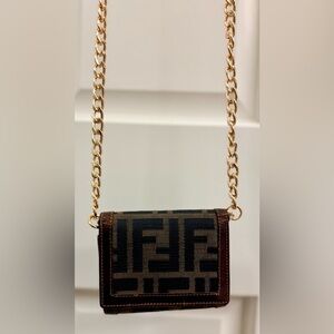 FENDI Vintage Zucca Brown Monogram Canvas Leather Compact Wallet W/ Crossbody